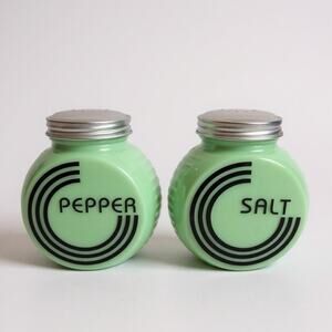 Jadeite Glass Salt and Pepper Shakers Depression Style Tire Range Size Art Deco